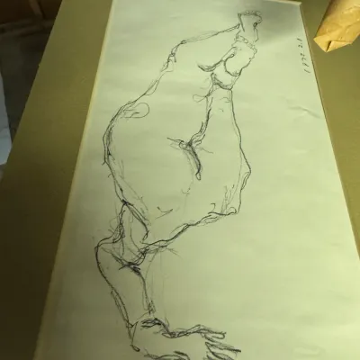 Sale Photo Thumbnail #82: Abstract charcoal figure drawing on paper, dated 1972.2.1 in the upper right corner, mounted on a tan backing board.