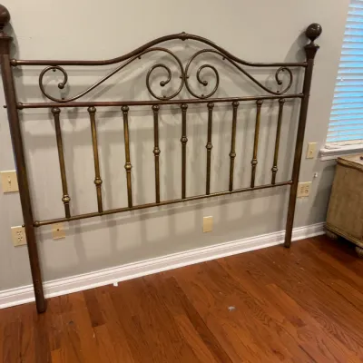 Sale Photo Thumbnail #19: Traditional metal headboard with an antique bronze finish, featuring scrollwork details and ball finials.