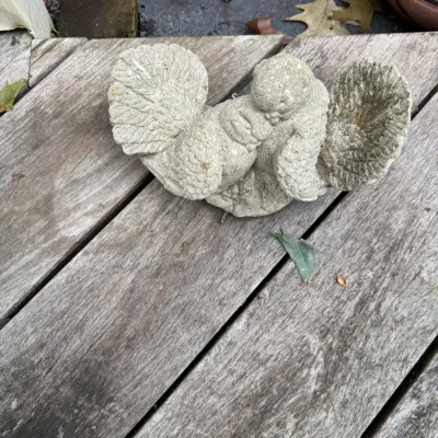 Sale Photo Thumbnail #76: Vintage cast concrete garden statue depicting two birds, showing natural weathering and patina.
