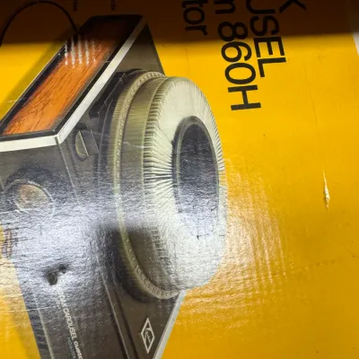 Sale Photo Thumbnail #95: Vintage Kodak Carousel Custom 860H slide projector in its original yellow cardboard box.