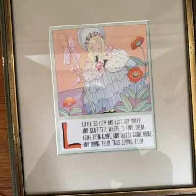 Sale Photo Thumbnail #201: Vintage framed illustration of the Little Bo-Peep nursery rhyme, featuring an Art Deco style illustration and text, housed in a matted gold and green frame.