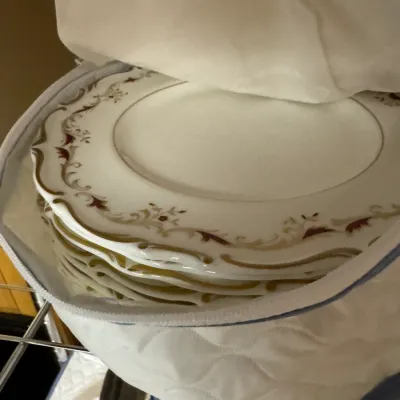 Sale Photo Thumbnail #90: Stack of vintage porcelain dinner plates with gold and burgundy scrollwork borders, stored inside a white quilted zippered storage case.