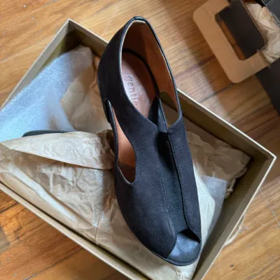 Sale Photo Thumbnail #232: Gentle Souls black suede peep-toe wedge sandals, resting in their original box with packing paper.
