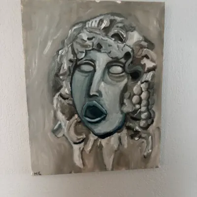 Sale Photo Thumbnail #293: Original oil painting on canvas depicting a stylized, sculptural face in muted blue and grey tones, signed 'MC' in the lower left corner.