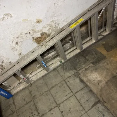 Sale Photo Thumbnail #86: Werner aluminum extension ladder, showing signs of use and wear, resting against a basement wall.