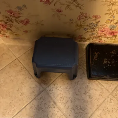Sale Photo Thumbnail #140: Molded blue plastic step stool alongside a vintage black bathroom scale on a tiled floor.