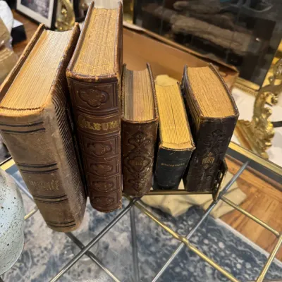 Sale Photo Thumbnail #267: Collection of five antique leather-bound photo albums with embossed covers and gilt-edged pages, displayed on a metal stand.