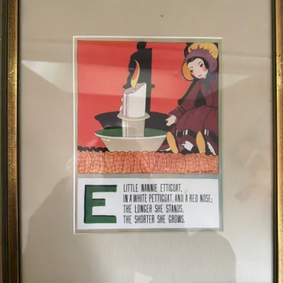 Sale Photo Thumbnail #199: Framed vintage nursery rhyme print featuring "Little Nannie Etticoat" with illustration and text, housed in a gold-toned frame with a wide mat.