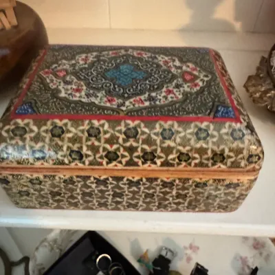 Sale Photo Thumbnail #51: Vintage Persian khatamkari marquetry box featuring intricate geometric and floral patterns with a lacquered finish.