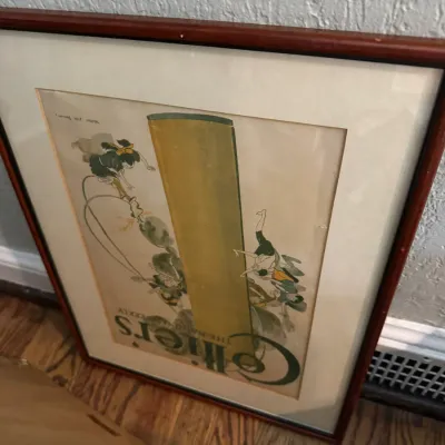 Sale Photo Thumbnail #245: Framed vintage Collier's Weekly magazine cover illustration, featuring an early 20th-century graphic design in a simple wood frame.