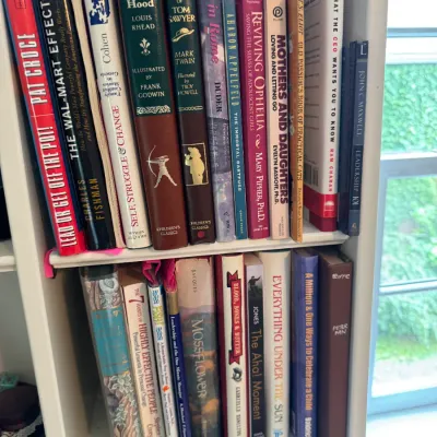 Sale Photo Thumbnail #197: Two shelves of a white bookcase filled with a variety of hardcover and paperback books, including classics like Robin Hood and Tom Sawyer alongside modern non-fiction titles.