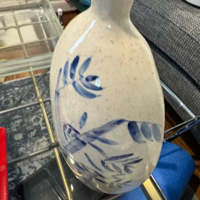 Sale Photo Thumbnail #262: Vintage speckled ceramic sake carafe or vase featuring a hand-painted blue bamboo motif.