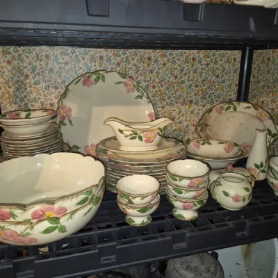 Sale Photo Thumbnail #14: Vintage Franciscan Desert Rose pattern dinnerware collection including plates, serving bowls, gravy boat, and accessory pieces.