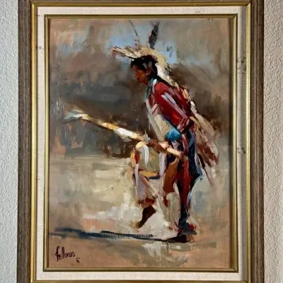 Sale Photo Thumbnail #28: Original oil painting by Fred Fellows depicting a Native American dancer, signed in the lower left, housed in a rustic wood frame with a linen liner.
