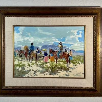 Sale Photo Thumbnail #3: Framed Western landscape oil painting by Ross Stefan, depicting figures on horseback and a covered wagon in a desert setting, housed in a gilded wood frame with a linen liner.