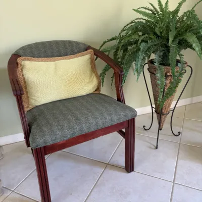 Upholstered armchair with a dark wooden frame and accent pillow, displayed alongside a potted fern on a metal plant stand.