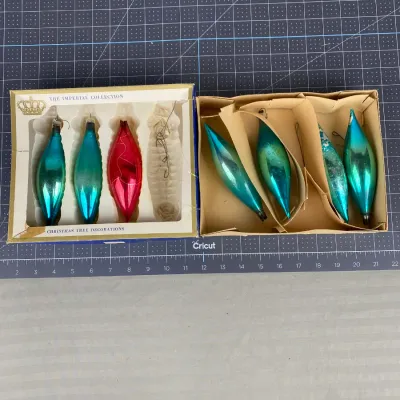 Vintage mid-century glass teardrop Christmas ornaments, including a boxed set of three from The Imperial Collection and four loose teal...