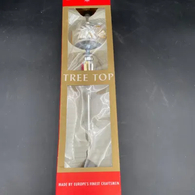 Vintage hand-blown glass Christmas tree topper, made in Europe, in its original red and gold packaging.