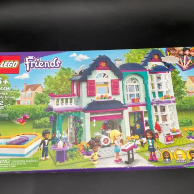 LEGO Friends Andrea's Family House building set, model 41449, in its original box showing some wear on the edges.