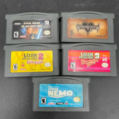 Collection of five Game Boy Advance game cartridges, including Star Wars: The New Droid Army, Kingdom Hearts: Chain of Memories, Lizzie...