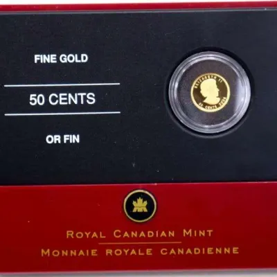 Royal Canadian Mint 2009 50-cent fine gold coin featuring Queen Elizabeth II, presented in its original display case.