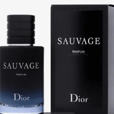 Dior Sauvage Parfum spray bottle shown next to its original black packaging box.