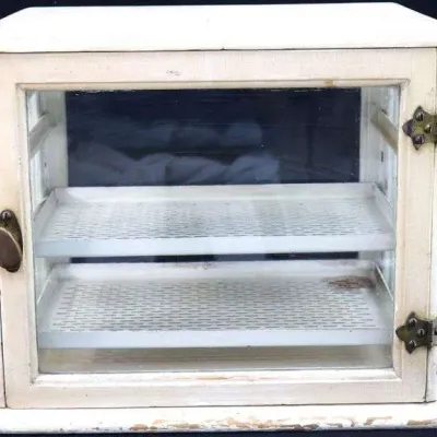 Vintage white painted wood and glass countertop display case, featuring two interior shelves and brass hardware.
