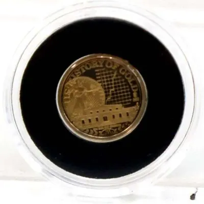 U.S. History of Gold commemorative coin, housed in a protective plastic capsule with a black foam insert.