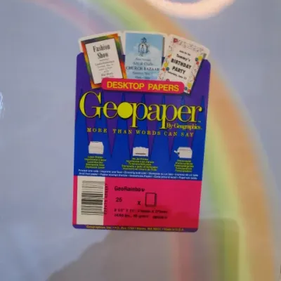 Sale Photo Thumbnail #521: 35 sheets of camping scrapbook paper, 19 sheets crushed leaf sample packet (various colors) , 25 sheets blue/rainbow 60 lb. card stock, all 8-1/2" x 11", see pictures
