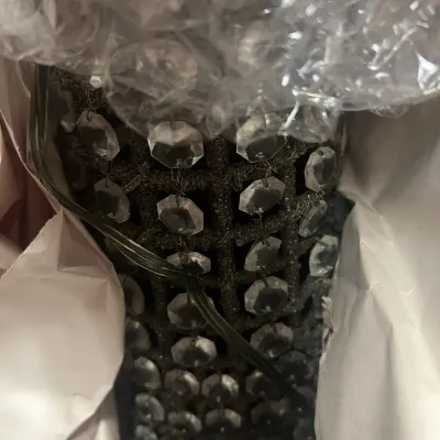 Sale Photo Thumbnail #21: Vintage beaded crystal light fixture or lamp base, wrapped in protective packing paper and bubble wrap.