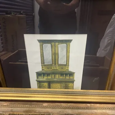 Sale Photo Thumbnail #18: Framed architectural or furniture design print depicting an ornate secretary desk with a hutch, housed in a beaded gold-finished frame.