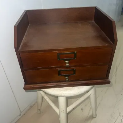 Sale Photo Thumbnail #27: Vintage-style wooden desktop organizer featuring two drawers with brass-finished label holder pulls and an open top shelf.