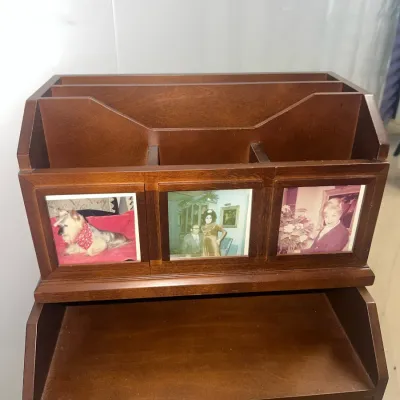 Sale Photo Thumbnail #29: Wooden desktop organizer with three built-in picture frames on the front, sitting atop a matching wooden filing cabinet.