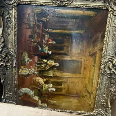 Sale Photo Thumbnail #22: Antique oil painting depicting an 18th-century courtly interior scene, housed in an ornate, heavily carved giltwood frame.