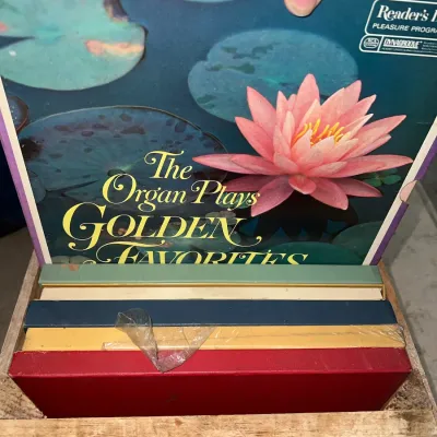 Sale Photo Thumbnail #8: Vintage Reader's Digest vinyl record box sets, including "The Organ Plays Golden Favorites," stored inside a wooden crate.
