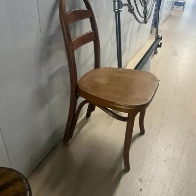 Sale Photo Thumbnail #34: Vintage Thonet-style bentwood side chair with a ladder-back design, showing moderate wear and a distressed finish.