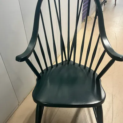 Sale Photo Thumbnail #33: Vintage dark green painted Windsor-style armchair with a fan back and contoured wooden seat.
