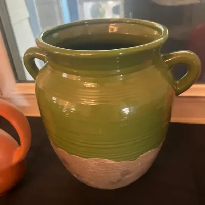 Large Green glazed two-handle pottery crock
