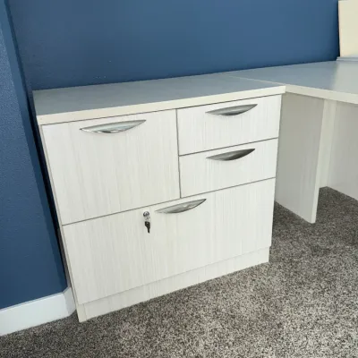 Sale Photo Thumbnail #316: Measures 72" deep from end of table to back of desk, 103" wide overall, 29" tall