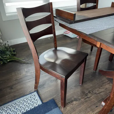 Sale Photo Thumbnail #552: Measures approx. 42x64", already has one leaf inserted and comes with another. Four chairs and one bench.
