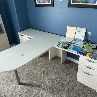 Sale Photo Thumbnail #315: Measures 72" deep from end of table to back of desk, 103" wide overall, 29" tall