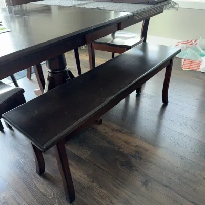 Sale Photo Thumbnail #554: Measures approx. 42x64", already has one leaf inserted and comes with another. Four chairs and one bench.