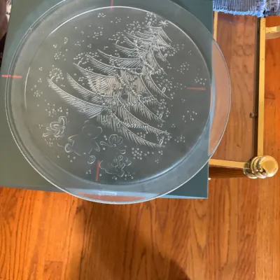 Sale Photo Thumbnail #160: Vintage frosted glass Christmas platter featuring an etched design of a decorated tree, teddy bear, and gifts.
