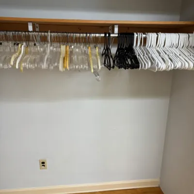 Assortment of plastic and acrylic clothing hangers hanging on a closet rod.
