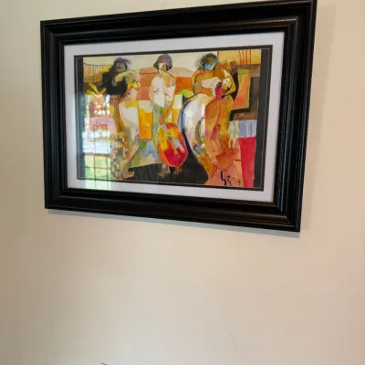 Sale Photo Thumbnail #158: Framed abstract watercolor painting depicting figures and a musical instrument, signed 'Liz '14' in the lower right corner.