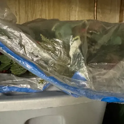 Assorted faux holiday greenery and floral arrangements stored in plastic bags atop a grey plastic bin.