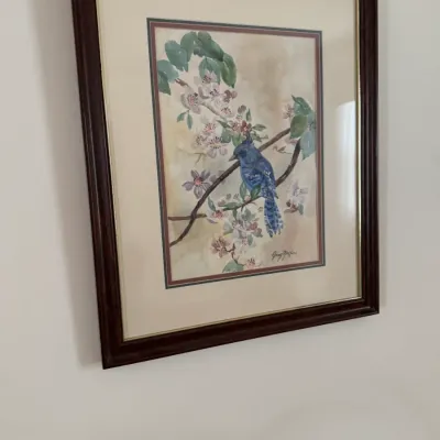 Framed watercolor painting of a blue jay perched on a flowering branch, signed by the artist and presented in a dark wood frame with...