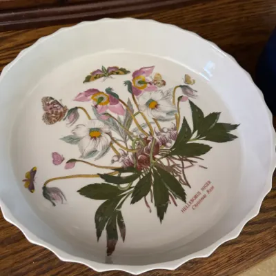 Portmeirion Botanic Garden "Helleborus Niger / Christmas Rose" fluted quiche or flan dish, featuring a detailed floral and...