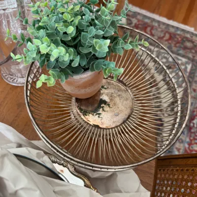 Sale Photo Thumbnail #106: Vintage silver-plated wire fruit basket with a solid center base, showing some tarnish and wear, holding a small artificial potted plant.