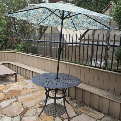 Metal Outdoor Table, Umbrella & Stand